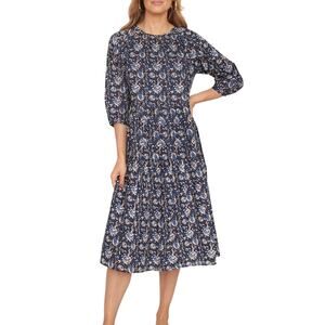 DRA Los Angeles NWOT Blue Black Floral Midi Fit & Flare Cotton Dress